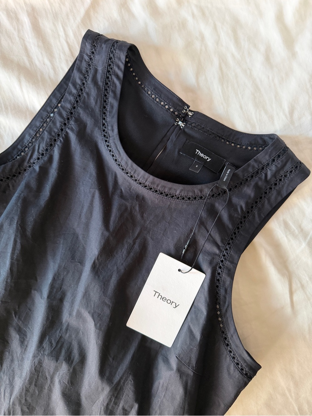Theory Black Eyelet-Trim Tank Dress in Poplin